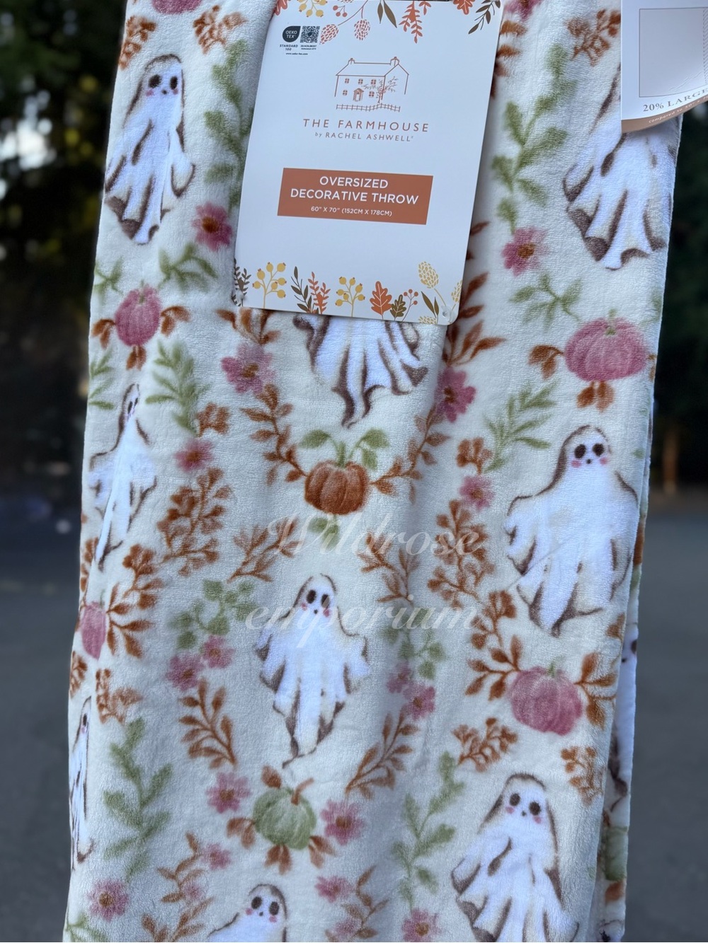 Farmhouse Rachel Ashwell ghost Halloween floral pink pumpkin soft throw blanket